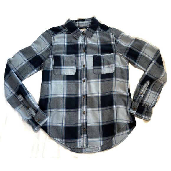 Abercrombie & Fitch Button Down Shirt | Navy Blue Plaid Flannel - Size S - Picture 11 of 12